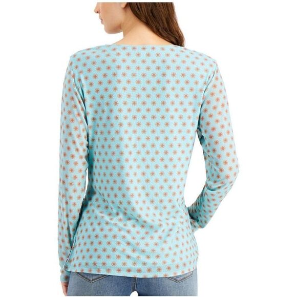 Willow Drive Mesh-Sleeve Wrap Top Aqua Sweater Paisley Geo S - Picture 2 of 2